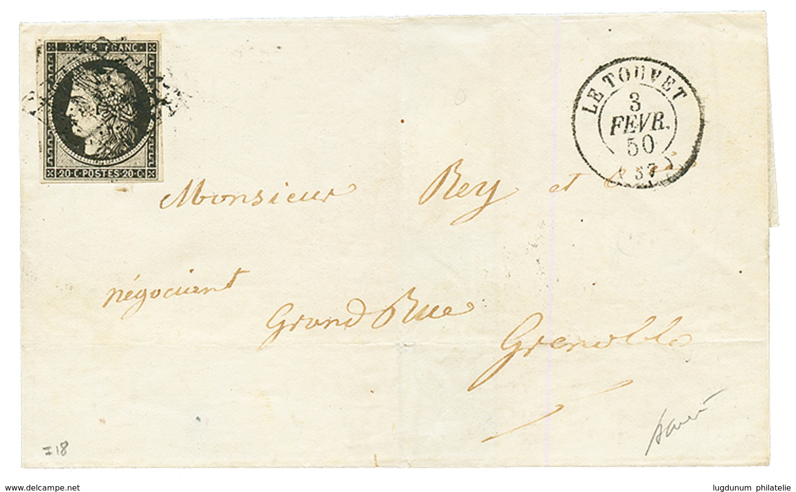 1850 20c Noir (n°3) TB Margé Obl. GRILLE + T.15 LE TOUVET Sur Lettre Pour GRENOBLE. TTB. - 1849-1850 Cérès