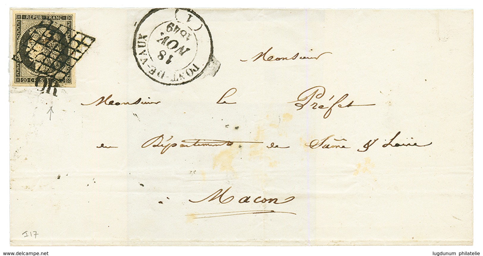 1849 20c Noir (n°3) 4 Grandes Marges Obl. OR + GRILLE + T.14 PONT DE VAUX Sur Lettre Pour MACON. TTB. - 1849-1850 Cérès
