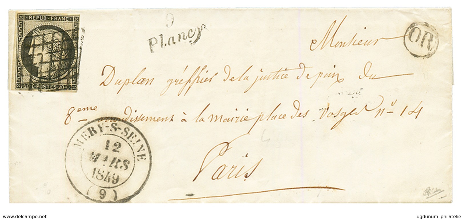 1849 20c(n°3) Obl. GRILLE + Cursive 9 PLANCY + T.14 MERY-S-SEINE Sur Lettre. Signé CALVES. TTB. - 1849-1850 Cérès