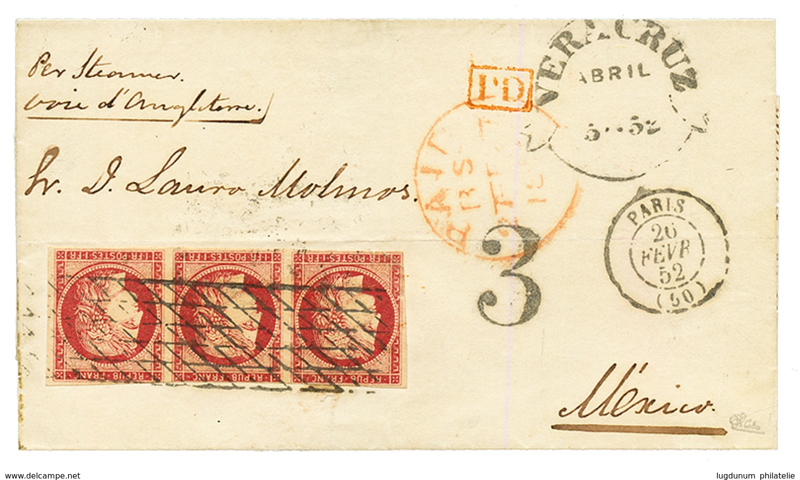 "3F Pour Le MEXIQUE " : 1852 Bande De 3 Du 1F(n°6) Avec Défaut Sur Lettre De PARIS Pour MEXICO. Signé CALVES. TB. - 1849-1850 Ceres