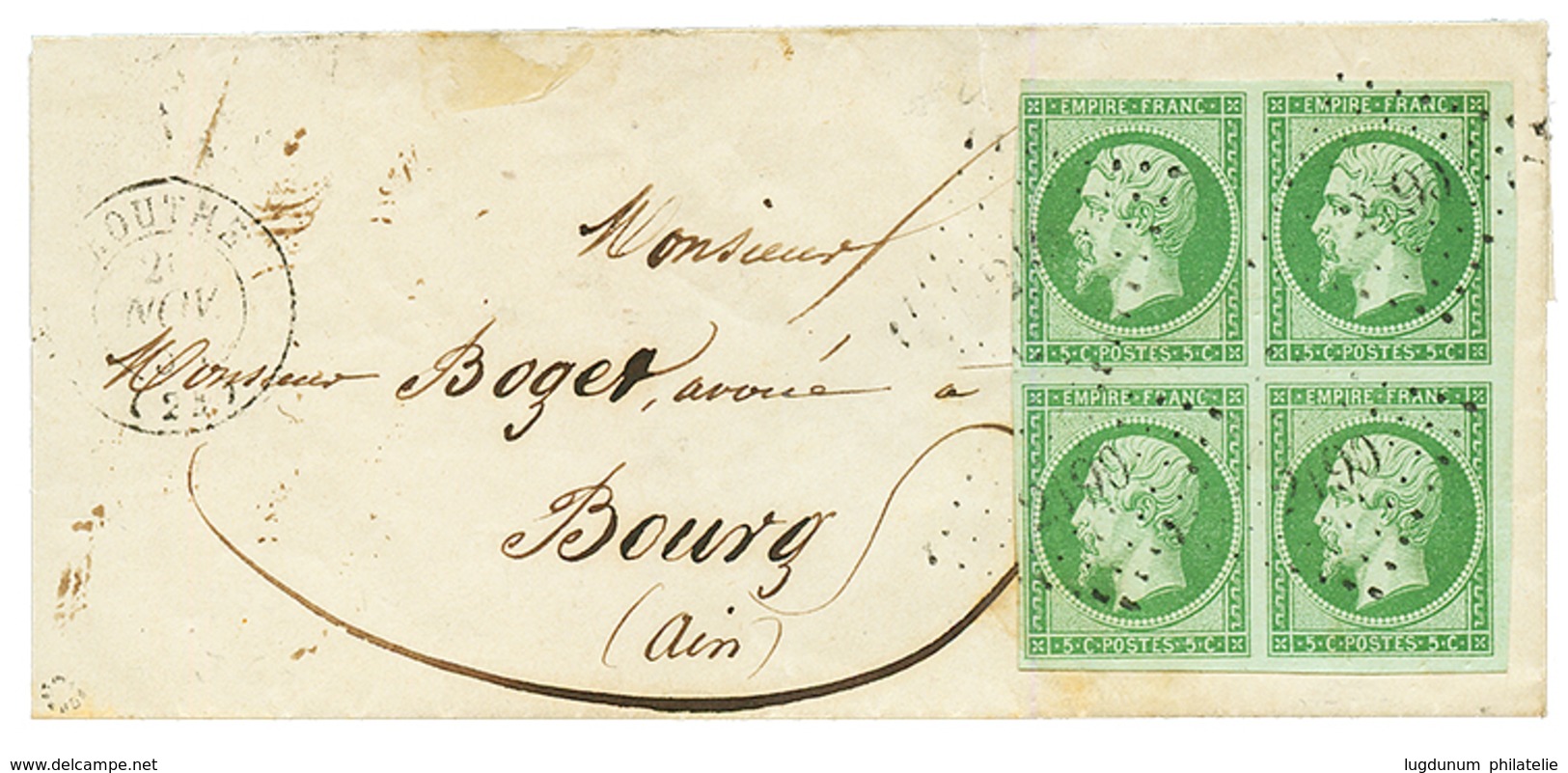 1855 Bloc De 4 Du 5c Vert(n°12) Obl. PC 2190 Sur Lettre De MOUTHE. Timbre Supérieur Gauche Filet Effleuré En Un Point Ma - 1853-1860 Napoleon III