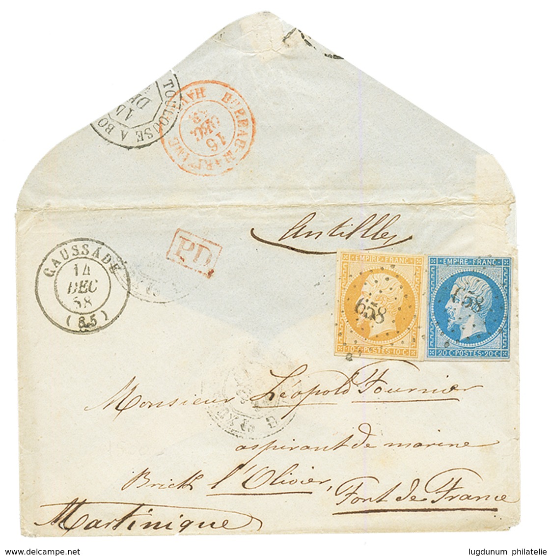 "Tarif BATIMENT De COMMERCE Pour La MARTINIQUE" : 1858 10c(n°13) + 20c(n°14) TTB Margés Obl. PC 658 + T.15 CAUSSADE Sur  - 1853-1860 Napoleon III