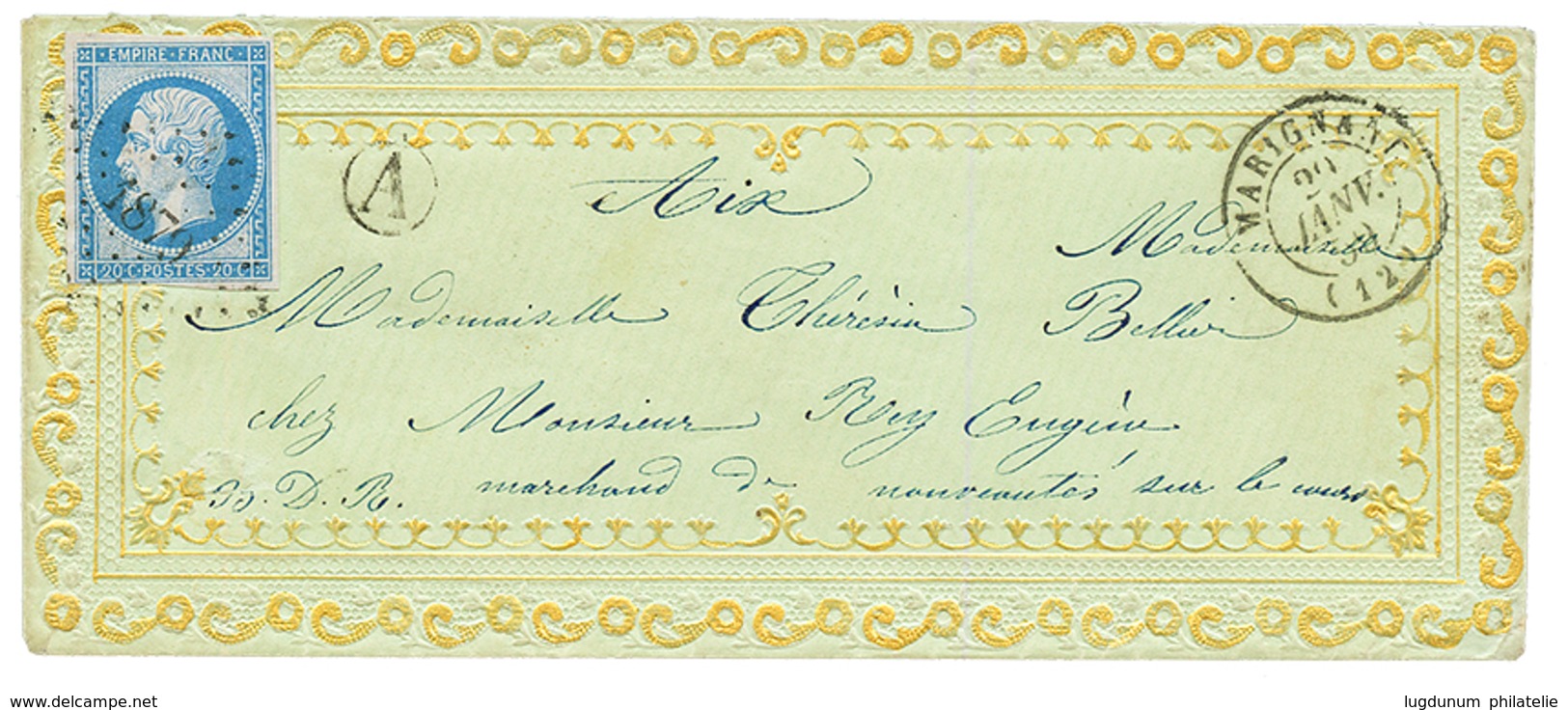 1859 20c(n°14) Obl. PC 1879 + T.15 MARIGNANE Sur Magnifique Enveloppe VALENTINE En Couleur . Superbe. - 1853-1860 Napoléon III.