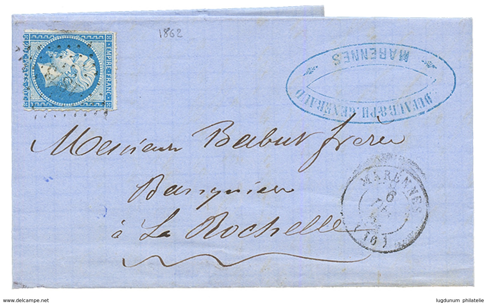 "PIQUAGE De MARENNES" : 1862 20c(n°14) Type 2 Avec Piquage Spécial Obl. PC 1873 + T.15 MARENNES Sur Lettre. RARE. Superb - 1853-1860 Napoléon III