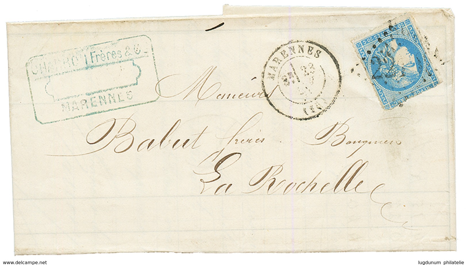 "PIQUAGE De MARENNES Sur BORDEAUX" : 1871 20c BORDEAUX (n°45) Avec Piquage Spécial Obl. GC 2210 + T.17 MARENNES Sur Lett - 1853-1860 Napoleon III