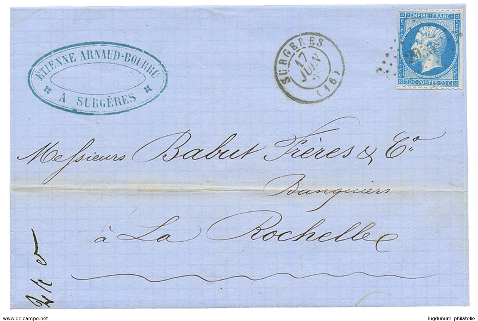 "PIQUAGE De SURGERES" : 1862 20c(n°14) PICAQUE Spécial De SURGERES Sur Lettre Pour LA ROCHELLE. Superbe. - 1853-1860 Napoleon III