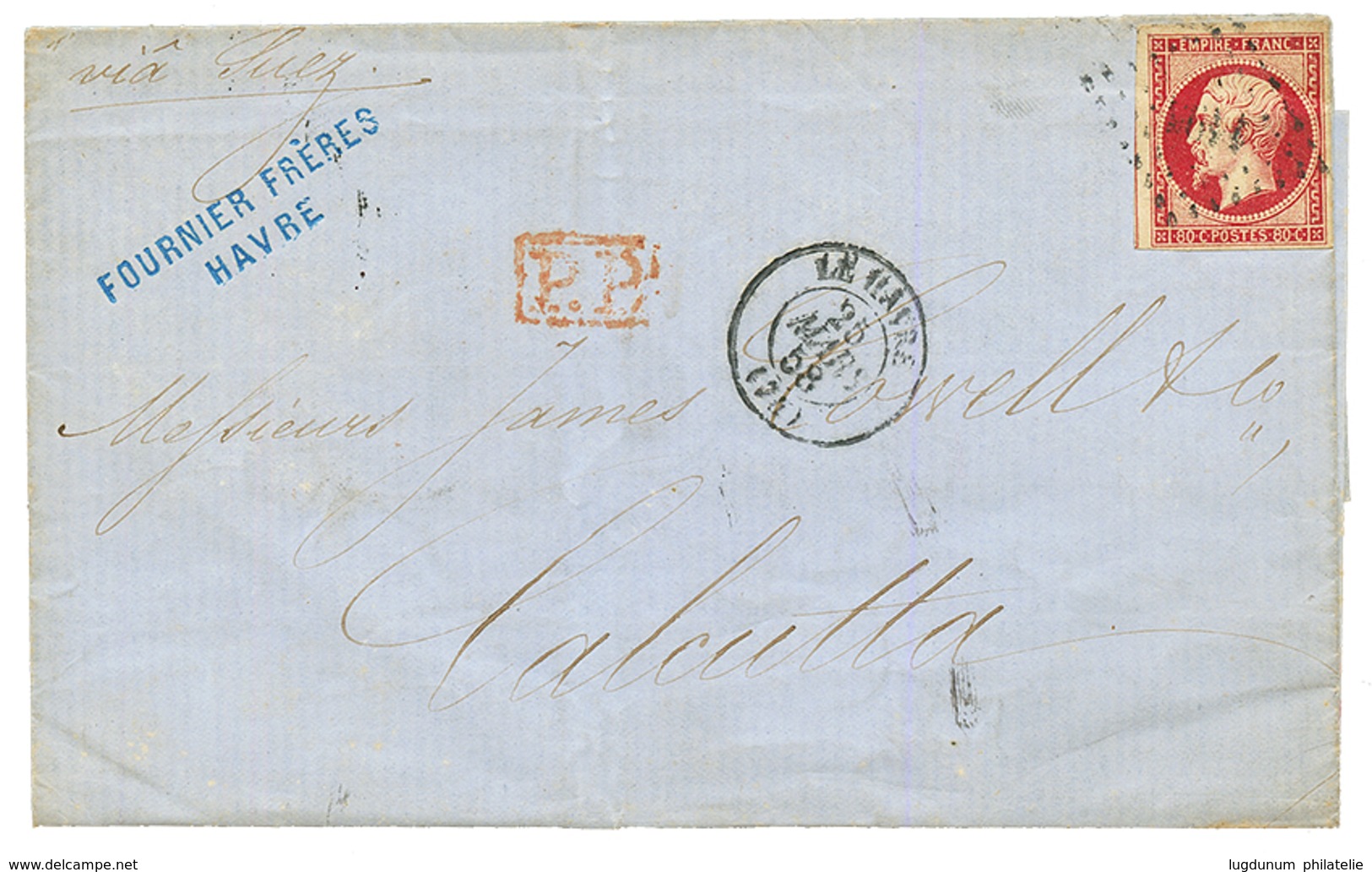 1858 80c CARMIN (n°17) TB Margé Obl. Sur Lettre Du HAVRE Pour CALCUTTA (INDES). TTB. - 1853-1860 Napoleon III