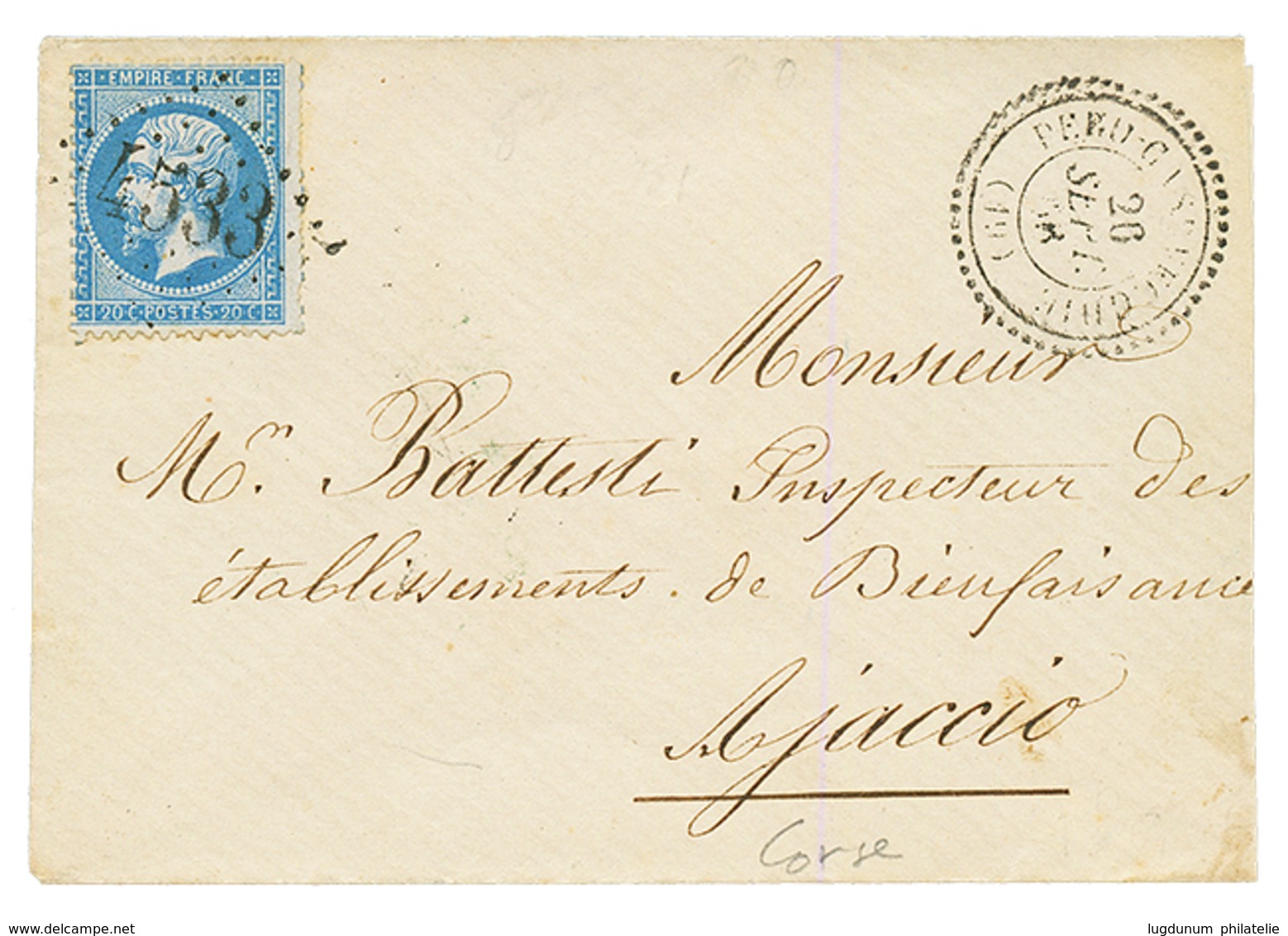 CORSE : 1866 20c(n°22) Obl. GC 4533 + T.22 PERO-CASEVECCHIE Sur Lettre Pour AJACCIO. RARE. TTB. - 1863-1870 Napoleon III Gelauwerd