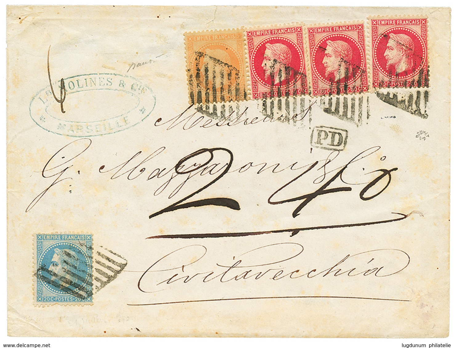 "GRILLE De CIVITAVECCHIA" : 1870 20c(n°29) + 40c(n°31) + 80c(n°32)x3 Obl. GRILLE ITALIENNE De CIVITAVECCHIA Sur Envelopp - 1863-1870 Napoléon III Lauré