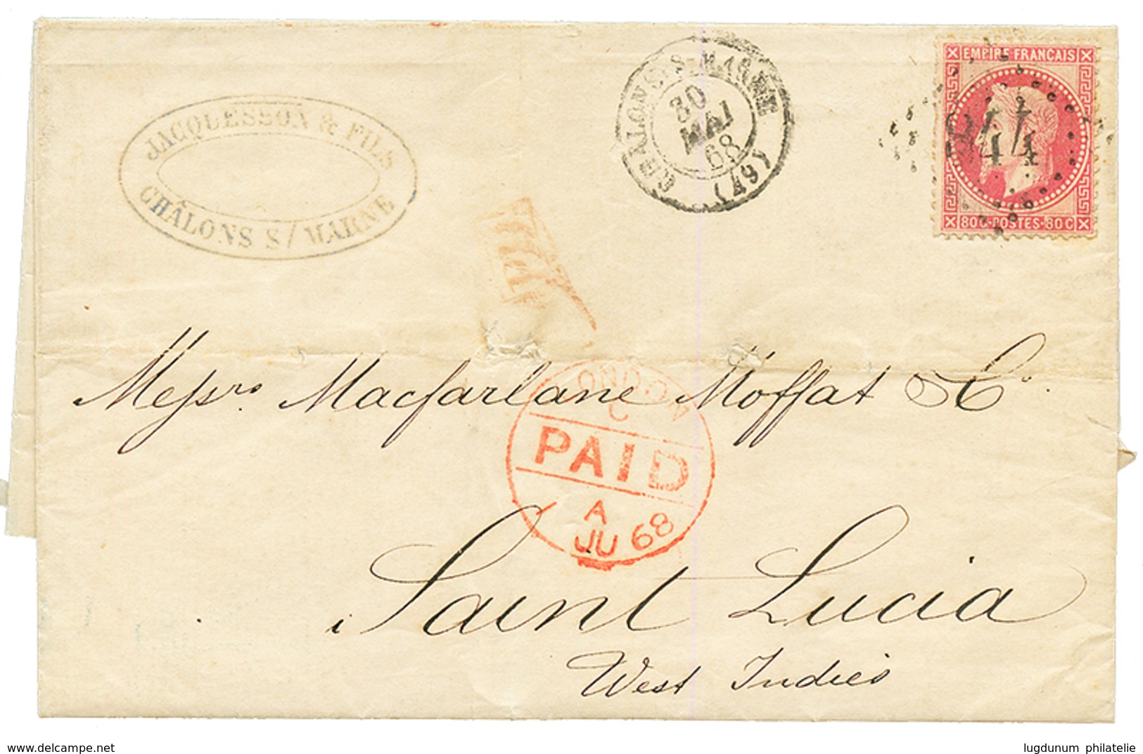 "Destination STE LUCIE" : 1868 80c(n°32) Sur Lettre De CHALON SUR MARNE Pour SAINT LUCIA Avec Arrivée Au Verso. Destinat - 1863-1870 Napoleon III Gelauwerd