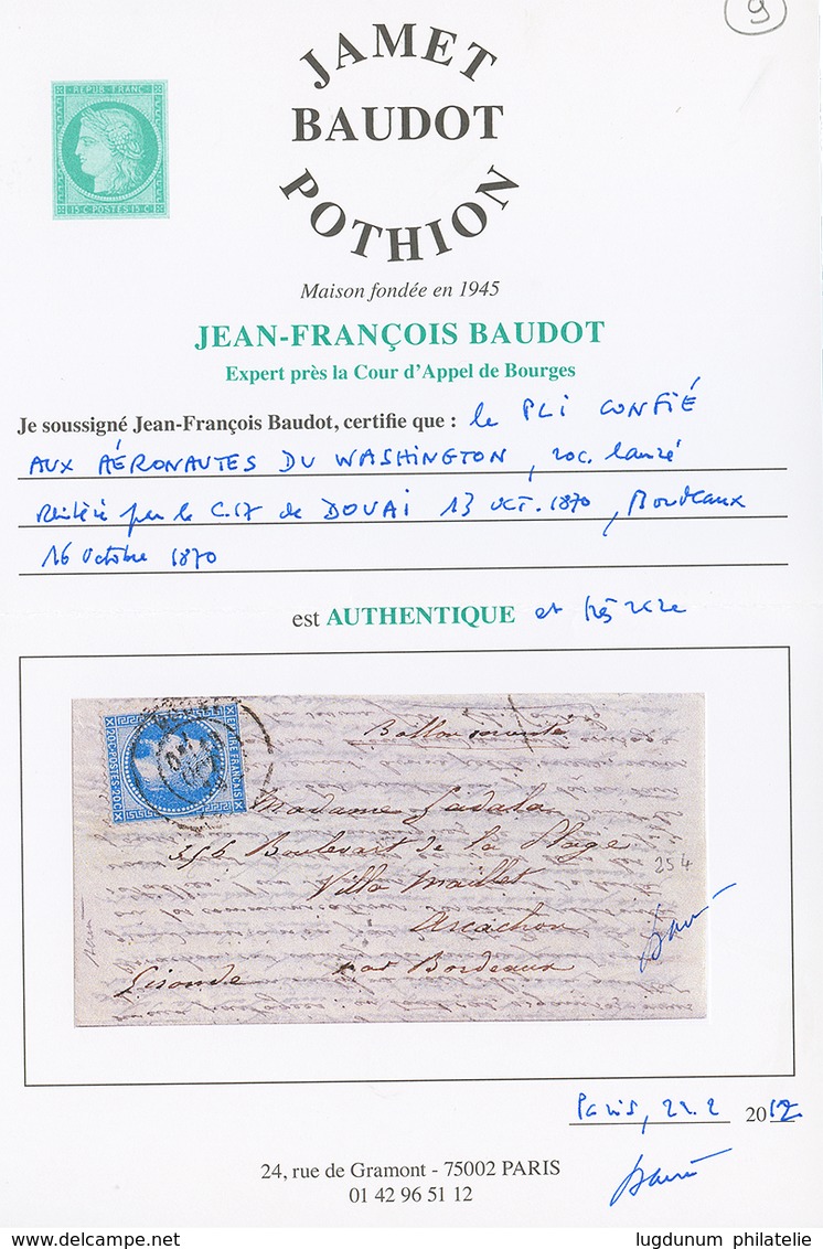 "Pli Confié Du WASHINGTON" : 20c(n°29) Obl. T.17 DOUAI 13 Oct 70 + "BALLON MONTE" Sur Lettre Pour ARCACHON. Verso, BORDE - Krieg 1870