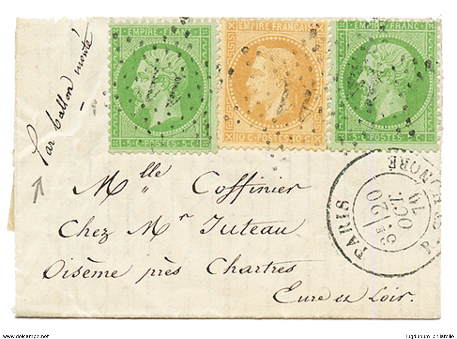 BALLON MONTE : 5c(n°20)x2 + 10c(n°28) Obl. Etoile 11 + PARIS 20 OCT 70 Sur Lettre Pour CHARTRES (ZONE OCCUPEE). Sans Arr - Oorlog 1870