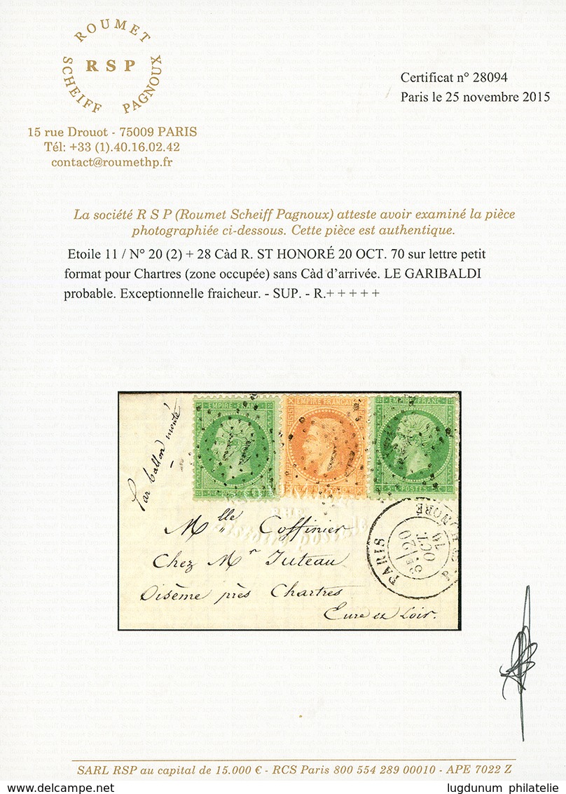 BALLON MONTE : 5c(n°20)x2 + 10c(n°28) Obl. Etoile 11 + PARIS 20 OCT 70 Sur Lettre Pour CHARTRES (ZONE OCCUPEE). Sans Arr - Guerra Del 1870