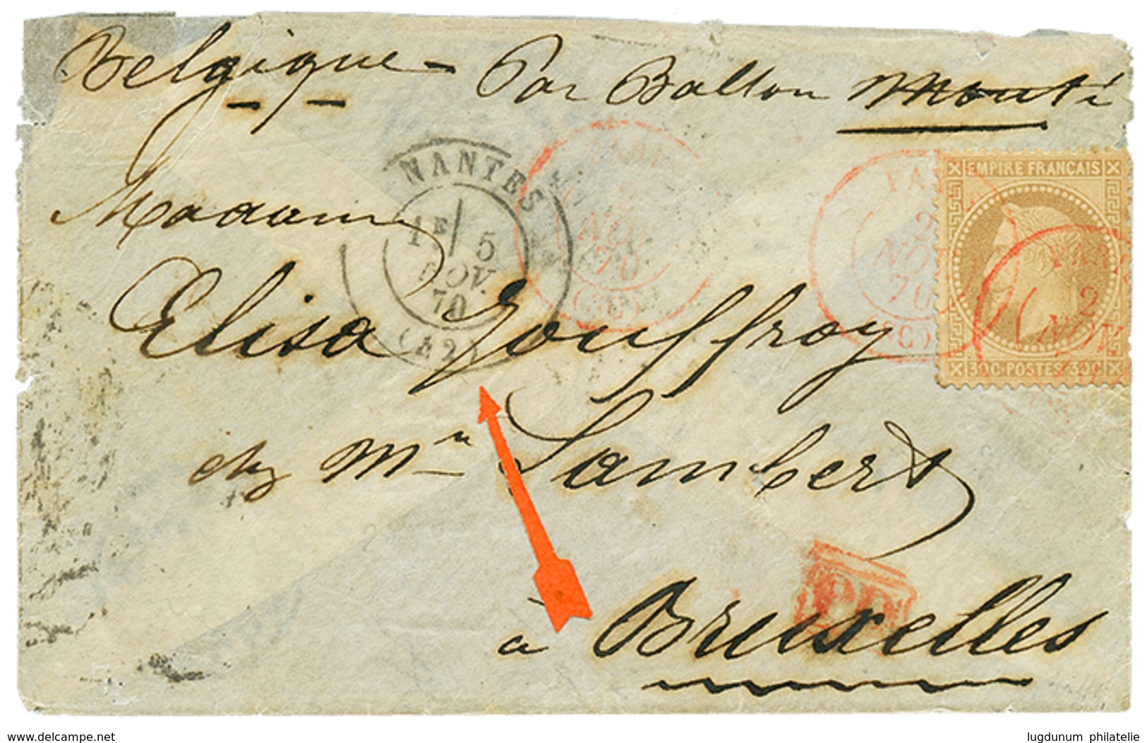 1870 30c(n°31) Obl. PARIS SC 2 Nov 70 Rouge + Cachet De Passage NANTES 5 Nov 70 (cote +950€) Sur Enveloppe Pour BRUXELLE - Guerra De 1870