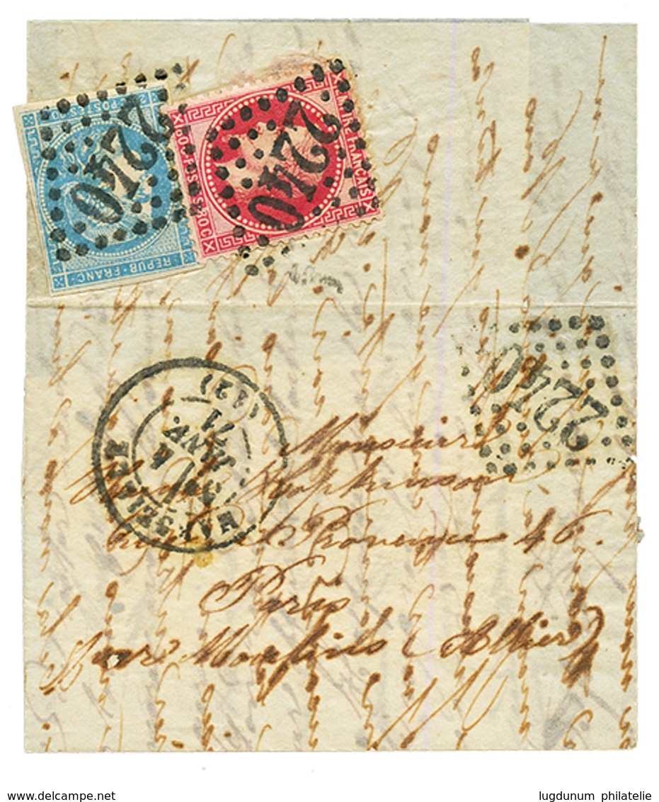 BOULE DE MOULINS : 20c BORDEAUX TB Margé + 80c EMPIRE(n°32) Obl. GC 2240 + MARSEILLE 4 JANV 71 Sur Lettre Avec Texte Pou - Guerra Del 1870