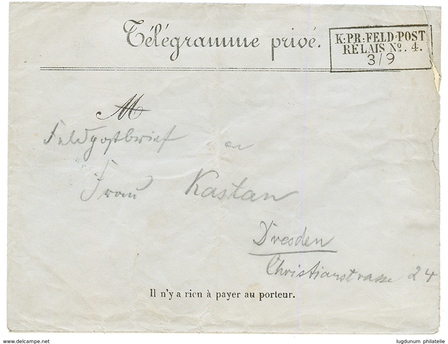 GUERRE De 1870 : K:PR:FELD POST/ RELAIS N°4 Sur Enveloppe TELEGRAMME Pour L' ALLEMAGNE. RARE. Superbe. - Guerra Del 1870