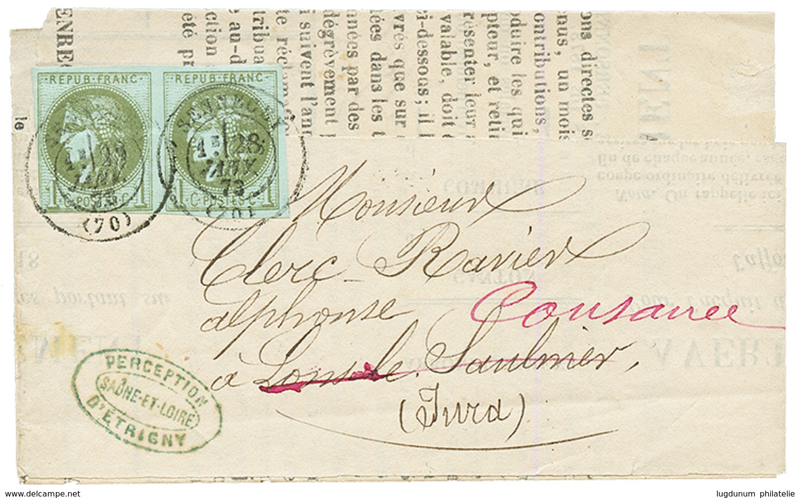 1873 Paire Du 1c BORDEAUX (n°39) Un Timbre Superbe Et Un Timbre Filet Présent Mais Effleuré à En Bas à Gauche Obl. T.17  - 1870 Bordeaux Printing