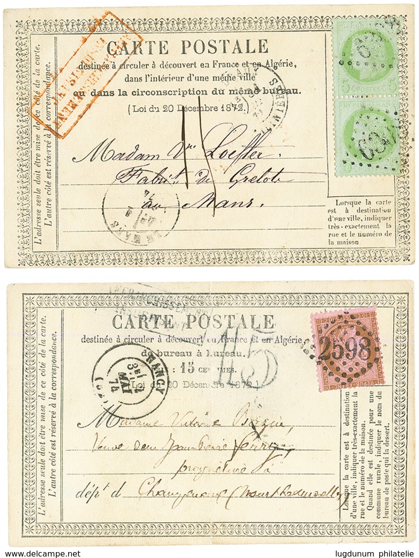 1874 2 CARTES PRECURSEURS Avec 10c Ou 5c(x2) Taxées Dont TAXE 15 D.T. TTB. - 1871-1875 Cérès