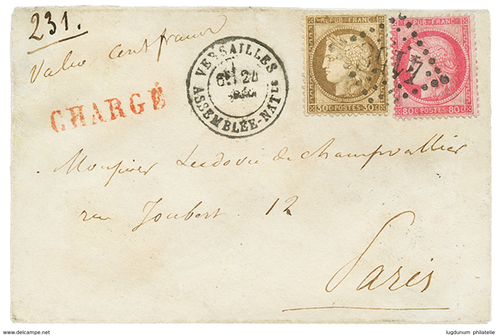 "ASSEMBLEE NATIONALE En CHARGE" : 1873 CERES 30c + 80c Obl. GC 4158 + VERSAILLES ASSEMBLEE NATle + CHARGE Sur Enveloppe  - 1871-1875 Cérès