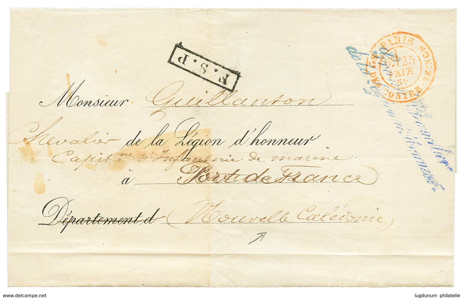 "F.S.P Pour La NLLE CALEDONIE" : 1869 Cachet F.S.P + GRAND CHANCELIER / DE LA LEGION D' HONNEUR + PARIS Son DES CONTRE-S - 1871-1875 Ceres