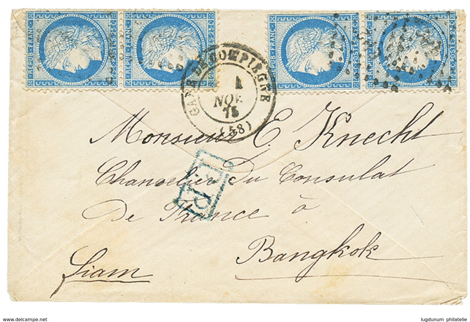 "Tarif PRE-UPU Pour Le SIAM" : 1875 25c CERES (x4) Obl. Ambulant EP2 + GARE DE COMPIEGNE Sur Enveloppe Pour BANGKOK (SIA - 1871-1875 Cérès