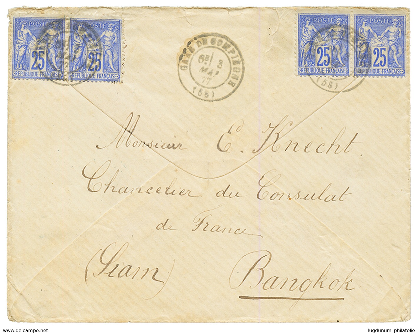 "Tarif PRE-UPU Pour Le SIAM" : 1877 25c SAGE(x4) Obl. GARE DE COMPIEGNE Sur Enveloppe Pour BANGKOK(SIAM). Verso, SINGAPO - 1871-1875 Ceres