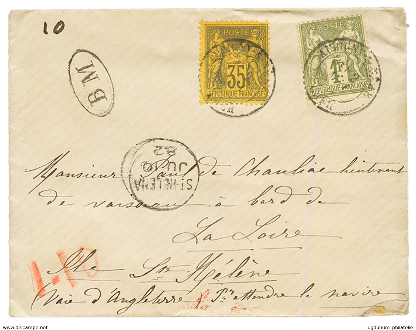 "Tarif PRE-UPU Pour ST HELENE " : 1882 SAGE 35c + 1F Obl. AUBIGNY CHER Sur Enveloppe Pour L' ILE De STE HELENE Avec Cach - Other & Unclassified