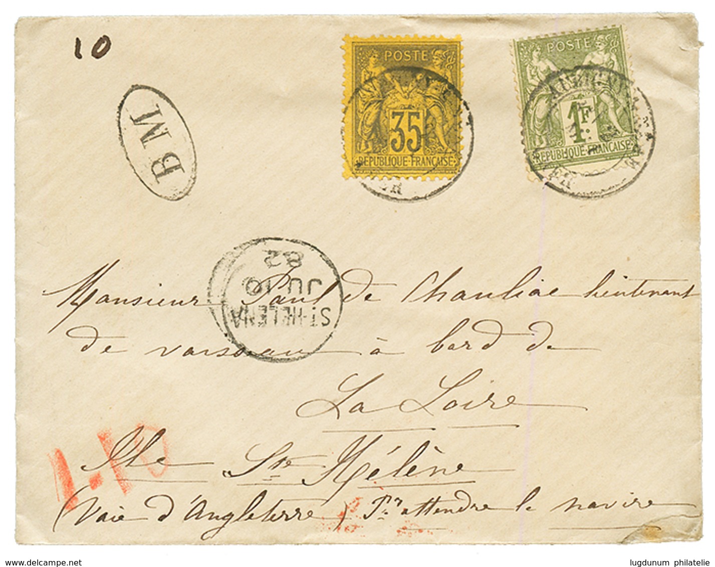 "Tarif PRE-UPU Pour ST HELENE " : 1882 SAGE 35c + 1F Obl. AUBIGNY CHER Sur Enveloppe Pour L' ILE De STE HELENE Avec Cach - Andere & Zonder Classificatie