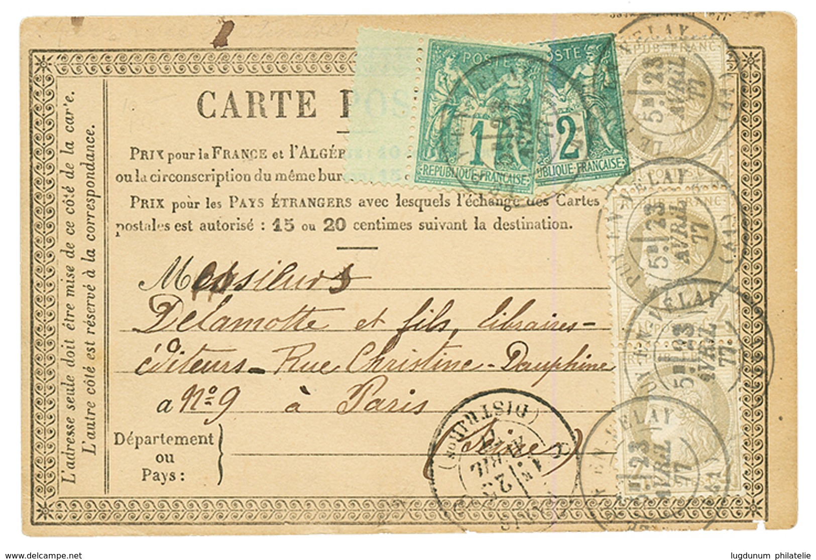 1877 4c CERES (x3) + 1c SAGE (n°61) + 2c (n°74) Obl. LE PUY EN VELAY Sur CARTE PRECURSEUR. Superbe. - Other & Unclassified