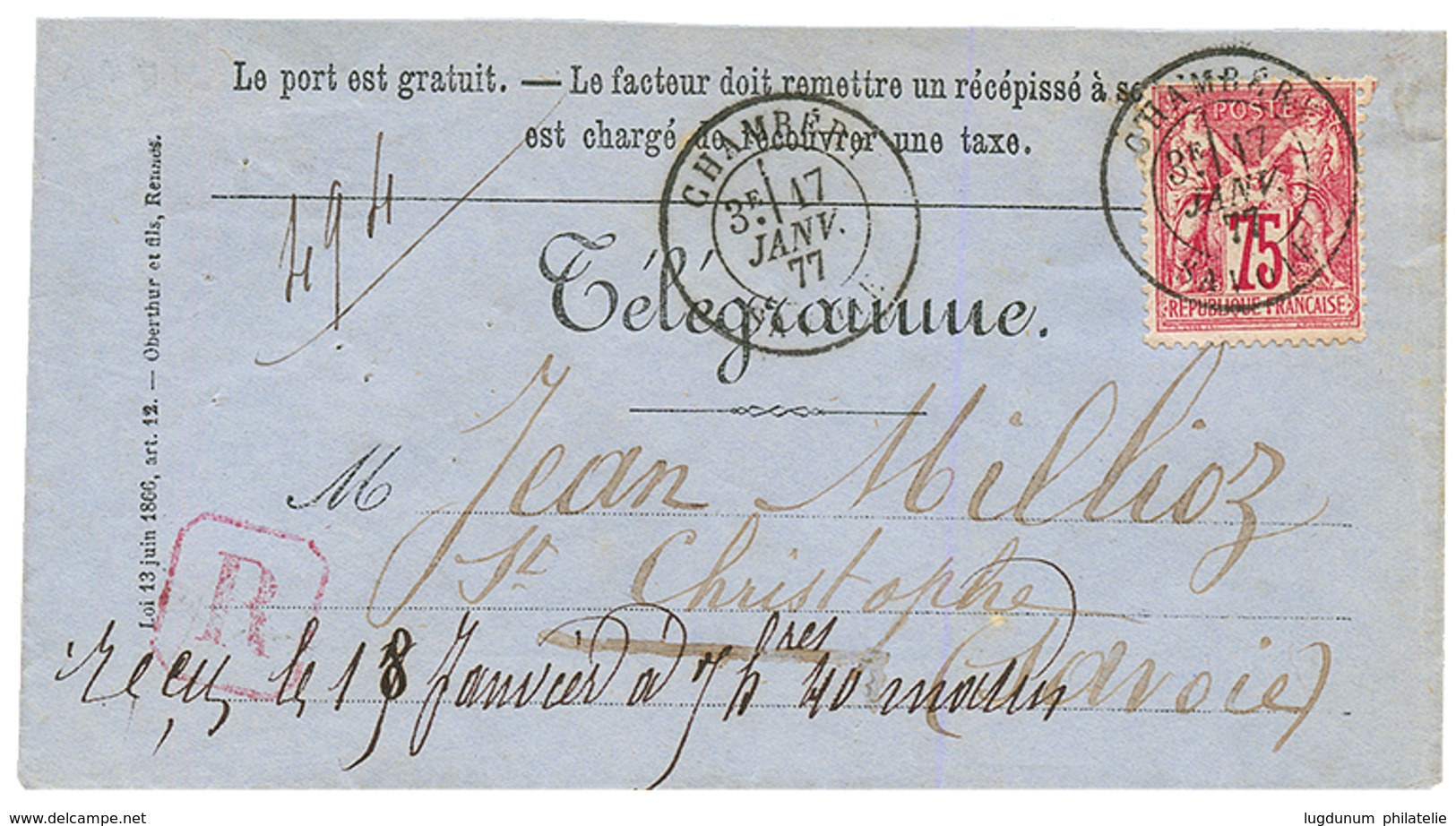 1877 75c SAGE Obl. CHAMBERY SAVOIE Sur Env. TELEGRAMME RECOMMANDE Pour ST CHRISTOPHE. Superbe. - Andere & Zonder Classificatie