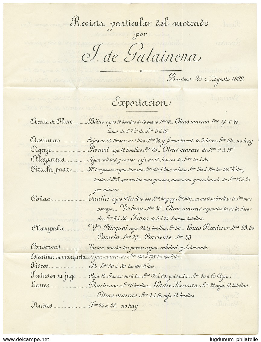 "Tarif IMPRIME Pour Le MEXIQUE" : 1882 5c SAGE Sur IMPRIME Complet De BORDEAUX Pour ZACATECAS (MEXIQUE). TB. - Andere & Zonder Classificatie