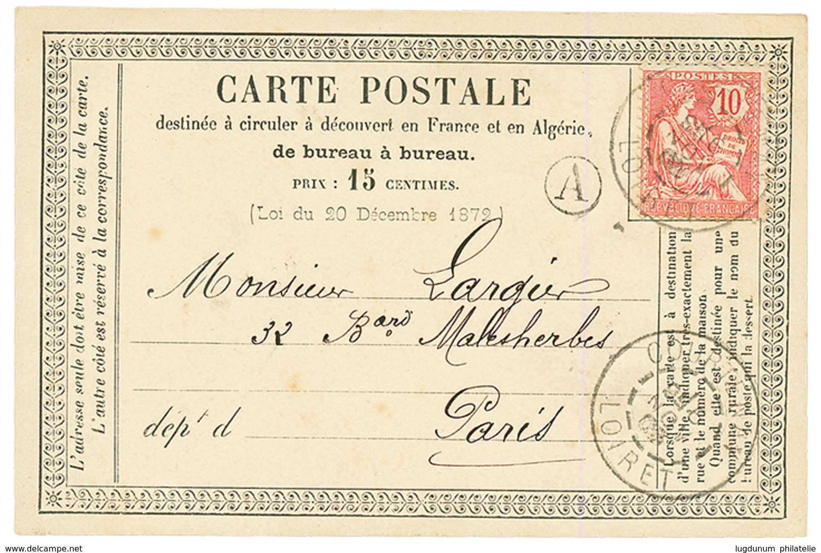 CARTE PRECURSEUR - REUTILISATION" : 1903 10c MOUCHON Obl. COURTENAY LOIRET + Boite Rurale "A" = CHATEAU De MONTALA Sur C - Autres & Non Classés