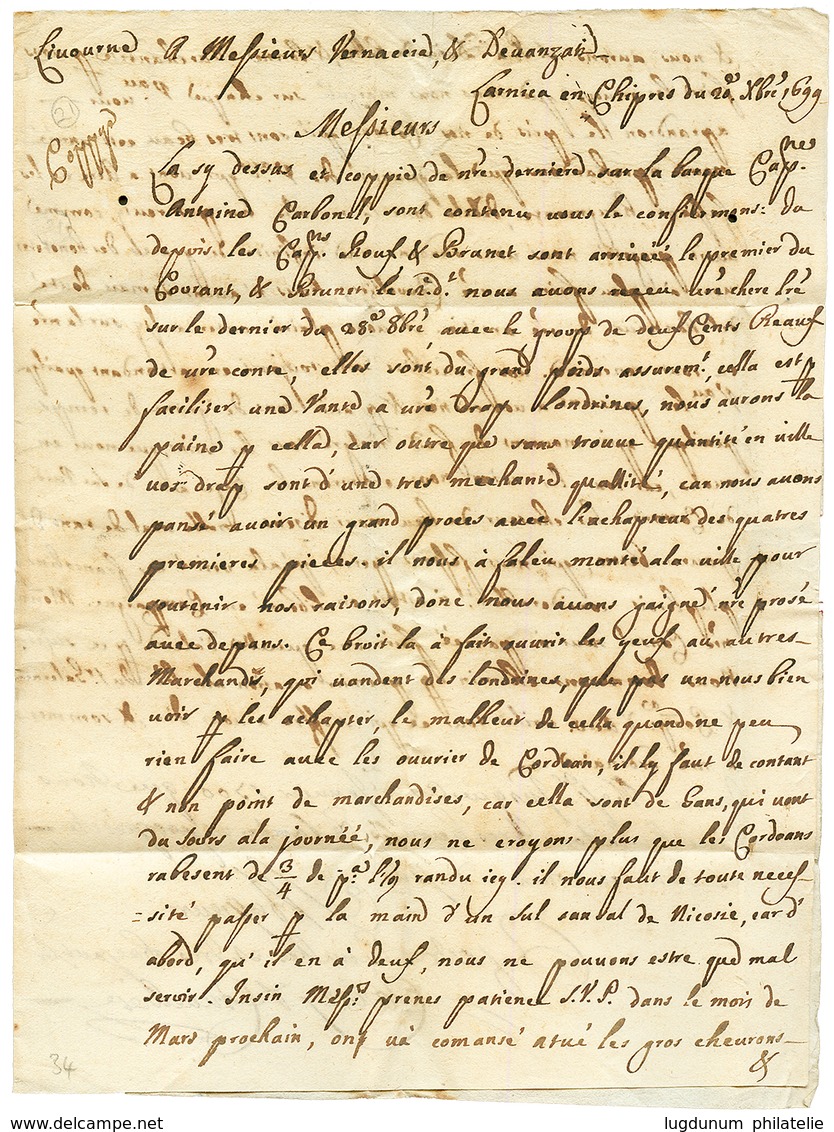 "CHYPRES Par La VOIE De TOULON" : 1699 "Par Voye De TOULON" Manuscrit Sur Lettre Avec Texte Daté "LARNACA CHYPRES" Pour  - Correo Marítimo