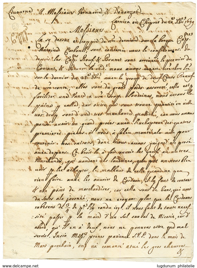 "CHYPRES Par La VOIE De TOULON" : 1699 "Par Voye De TOULON" Manuscrit Sur Lettre Avec Texte Daté "LARNACA CHYPRES" Pour  - Maritieme Post