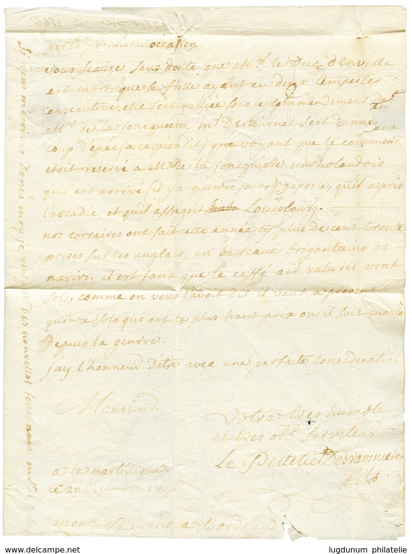 1746 "DE LA FLOTTE" Manuscrit Sur Lettre Avec Texte (3 Pages) De La MARTINIQUE Pour "BOURDEAU" (BORDEAUX). Superbe. - Schiffspost