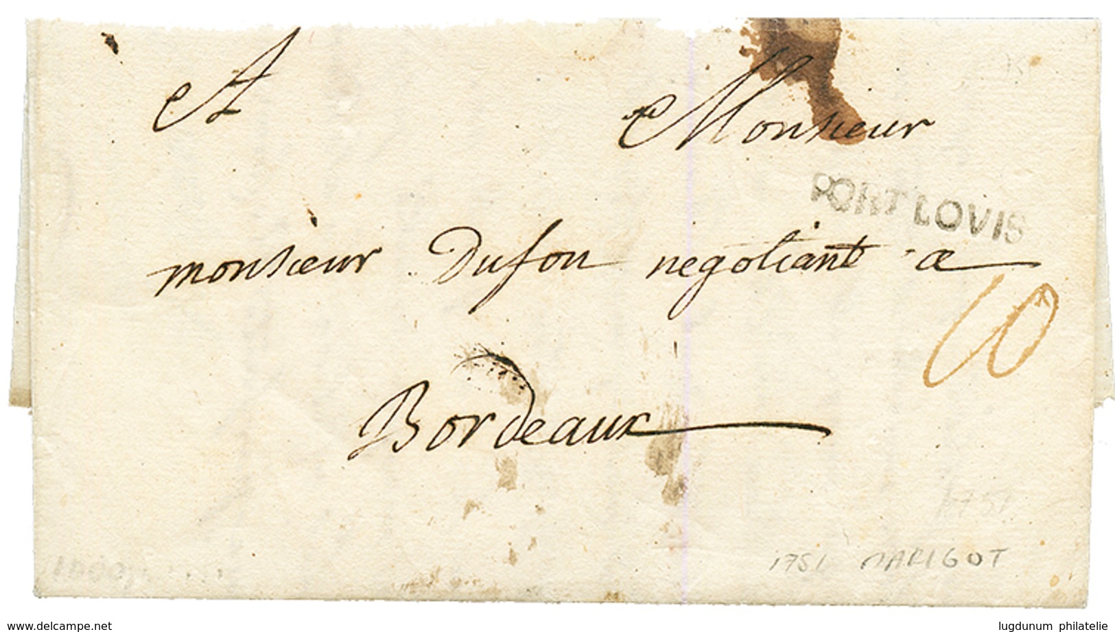 1751 Cachet PORT LOUIS Sur Lettre Avec Texte Daté "MARIGOT De La MARTINIQUE" Pour BORDEAUX. RARE. TTB. - Maritieme Post