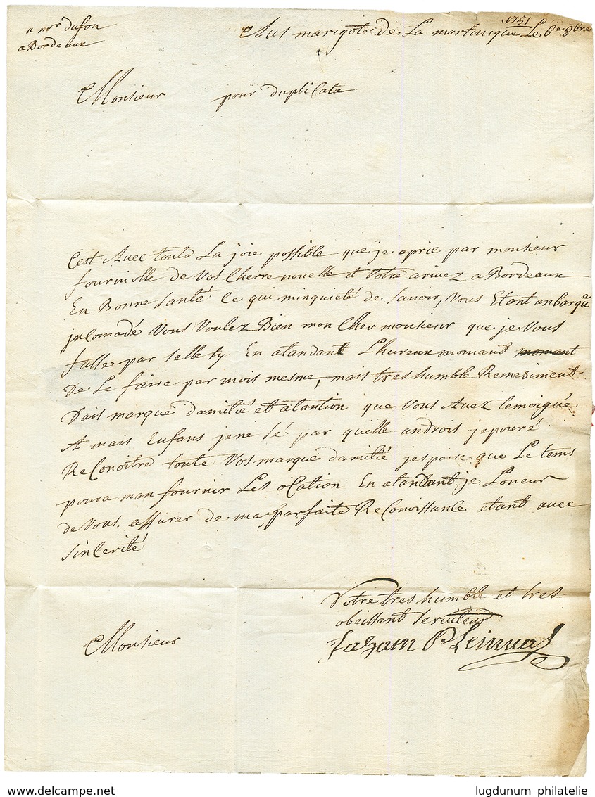 1751 Cachet PORT LOUIS Sur Lettre Avec Texte Daté "MARIGOT De La MARTINIQUE" Pour BORDEAUX. RARE. TTB. - Maritieme Post