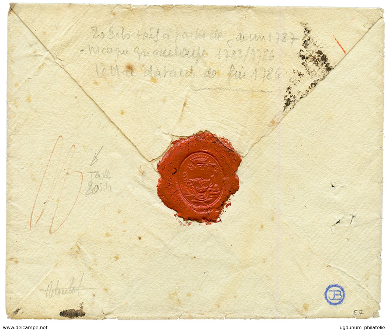 Cachet SAUJON + Petit Cachet GUADELOUPE (type Très Rare) Sur Enveloppe Sans Texte Pour METZ. Verso, Taxe 20 Rouge. Entré - Correo Marítimo