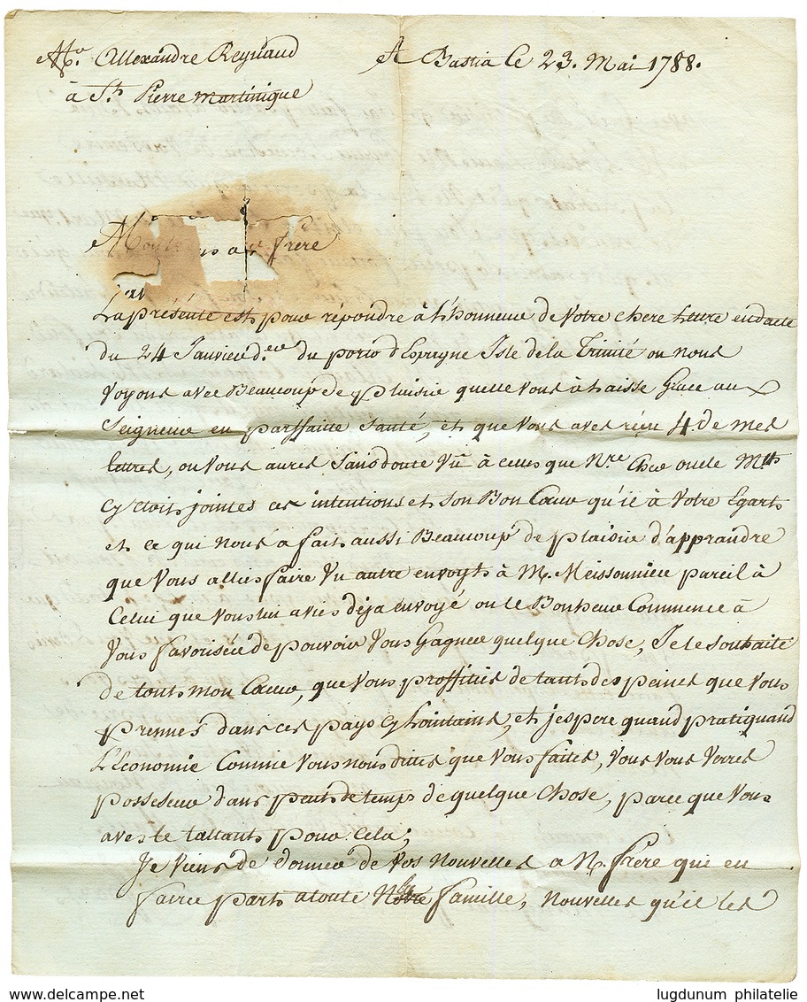 "CORSE - BASTIA Pour La MARTINIQUE" : 1788 Cacchets Rares COLONIES Rouge + PAQUEBOT (mal Venu) Sur Lettre(pd) Avec Texte - Maritieme Post