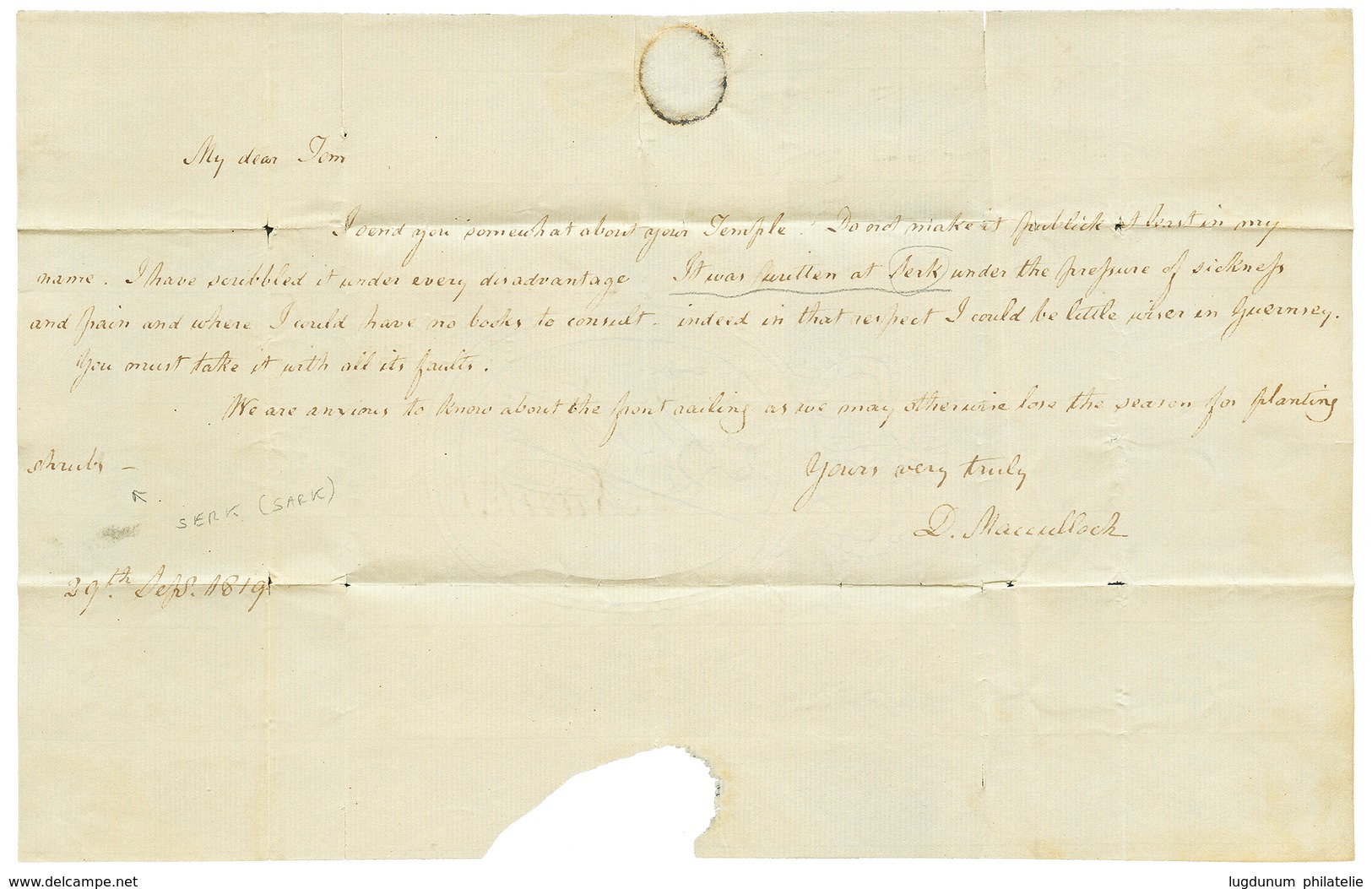 "Ile De SARK (SERK) " : 1819 Entrée Trés Rare "COLONIES PAR" Manuscrit + 34 ST SERVAN Sur Lettre Avec Texte Daté SERK Po - Posta Marittima
