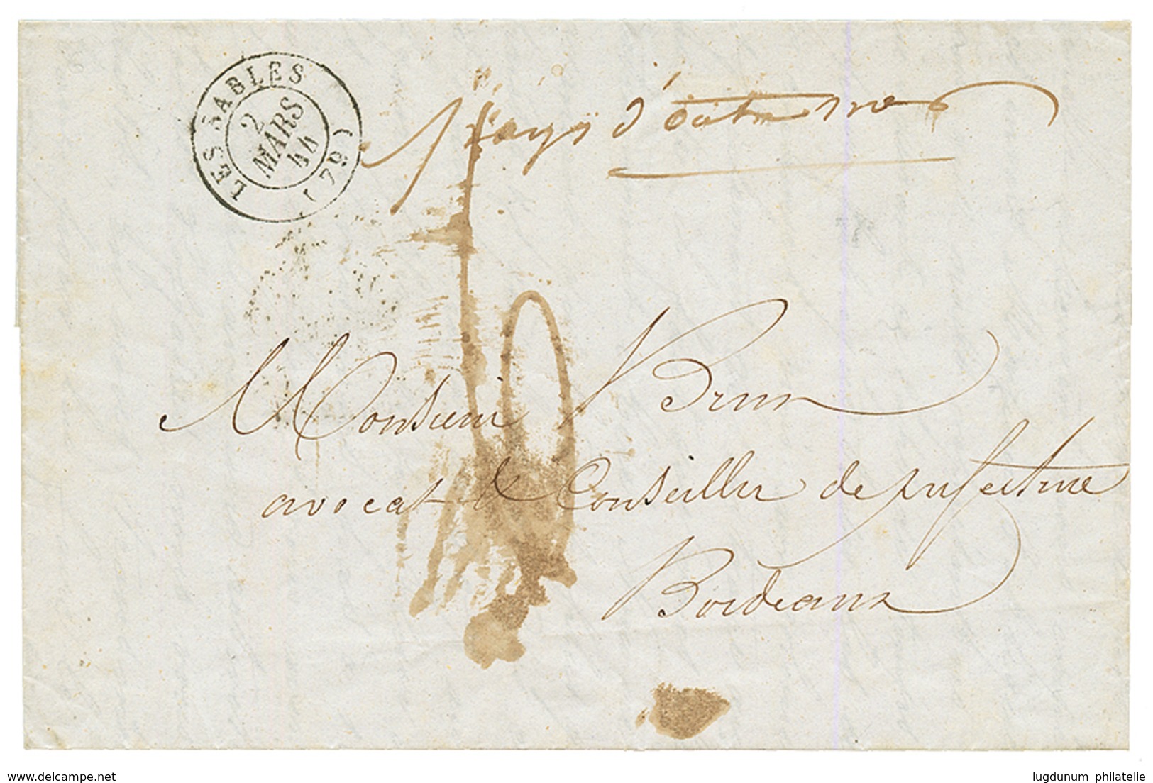 1844 "PAYS D' OUTREMER" Manus. + T.15 LES SABLES Sur Lettre Avec Texte De La MARTINIQUE Pour BORDEAUX. RARE. TTB. - Maritieme Post