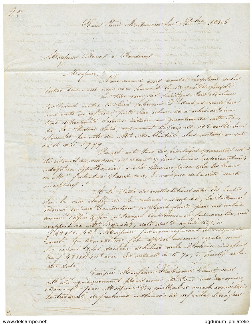 1844 "PAYS D' OUTREMER" Manus. + T.15 LES SABLES Sur Lettre Avec Texte De La MARTINIQUE Pour BORDEAUX. RARE. TTB. - Correo Marítimo