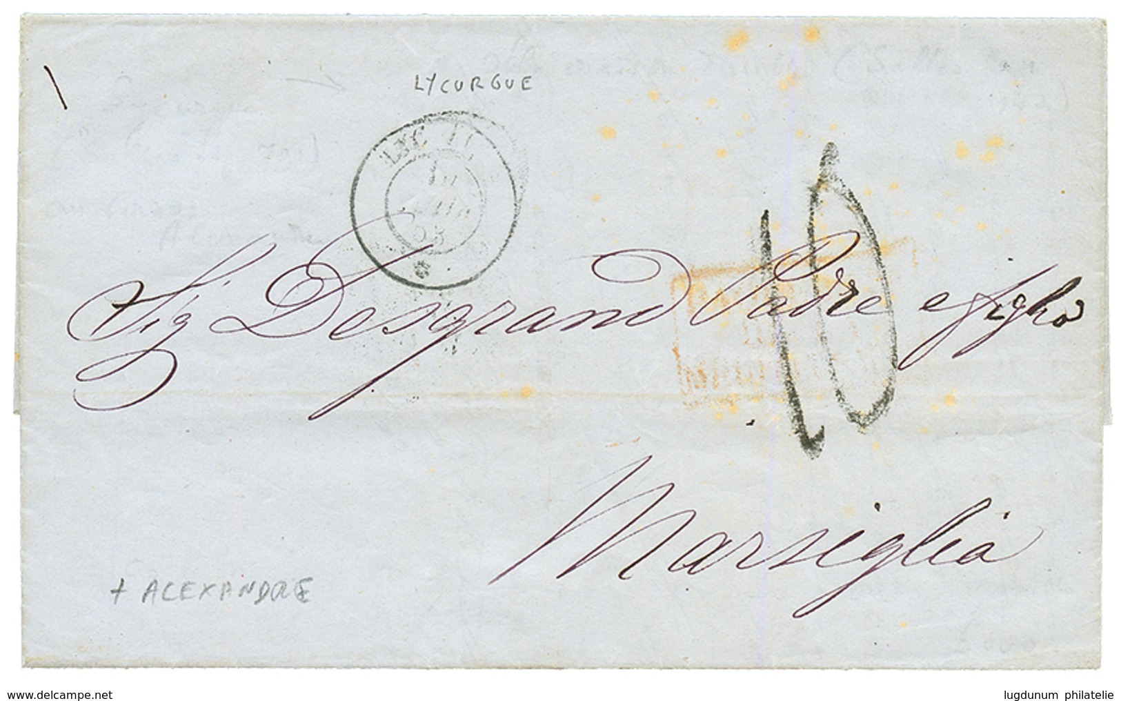 "Oblitérations DOUBLES" : 1853 Paquebot LYCURGUE + ALEXANDRE (verso) Sur Lettre De SALONIQUE Pour MARSEILLE. B/TB. - Maritieme Post