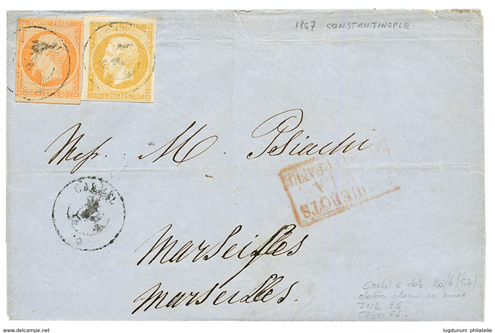 1857 10c(n°13) + 40c(n°16) Obl. Cachet Du Paquebot CARMEL Sur Lettre De CONSTANTINOPLE Pour MARTSEILLE. Annulation RARE  - Maritieme Post