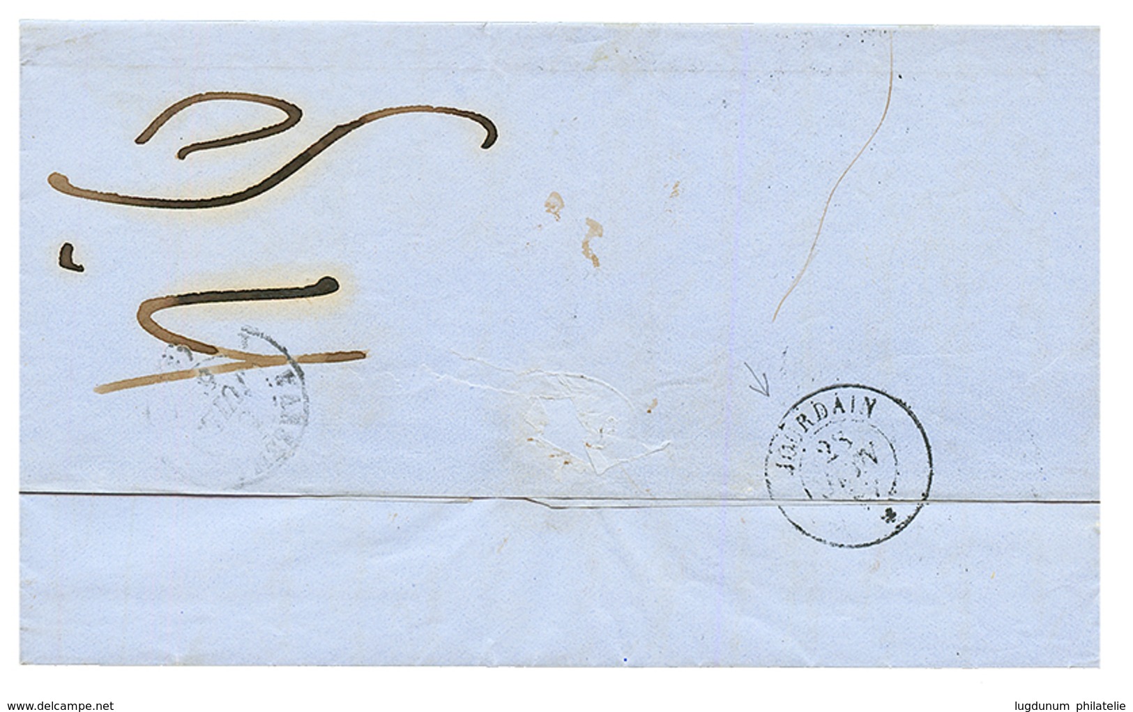 "JOURDAIN + Cachet SALONIQUE TURQUIE" : 1857 SALONIQUE TURQUIE + Taxe 10 + JOURDAIN 28 Juin 57 (verso) Sur Lettre Avec T - Correo Marítimo