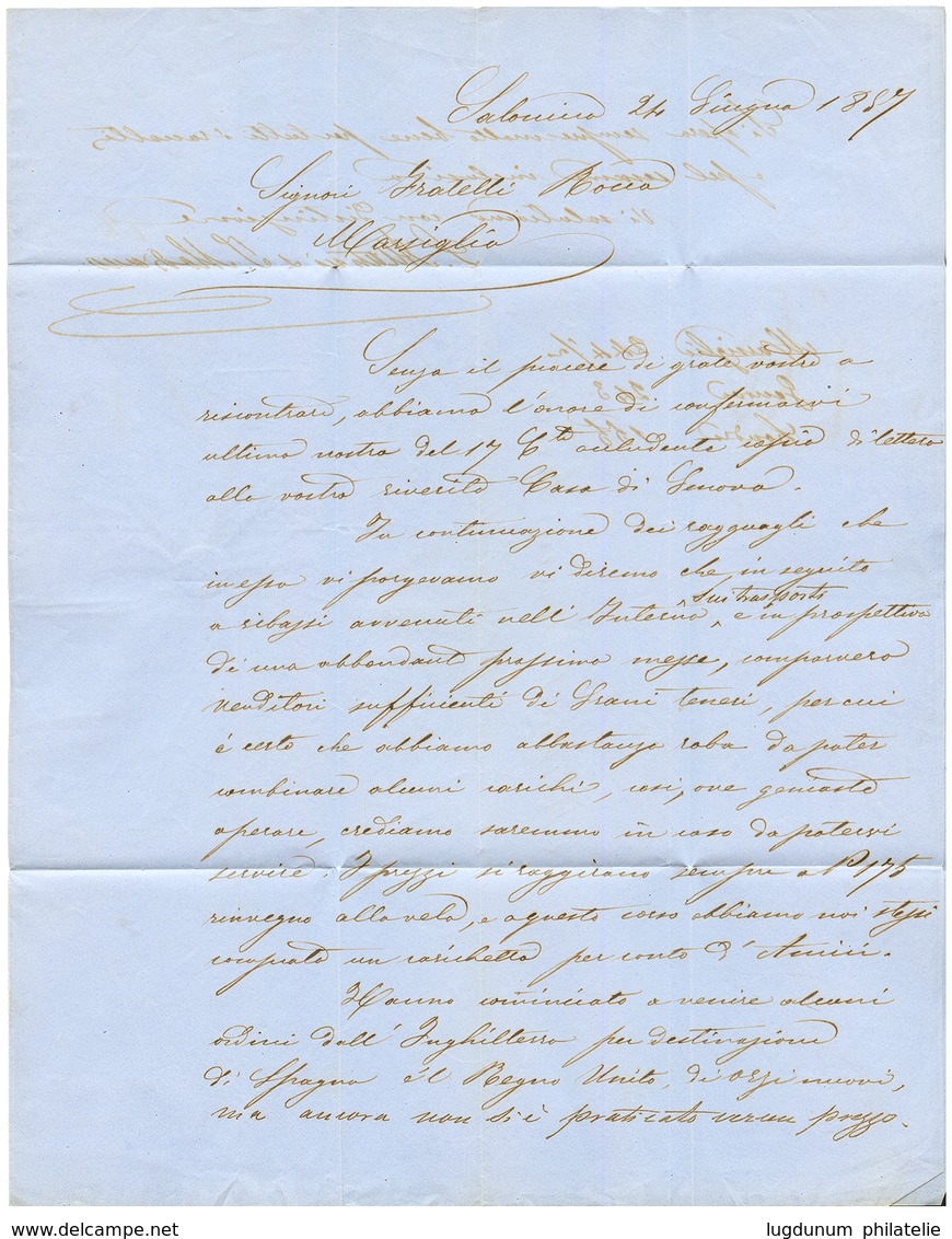 "JOURDAIN + Cachet SALONIQUE TURQUIE" : 1857 SALONIQUE TURQUIE + Taxe 10 + JOURDAIN 28 Juin 57 (verso) Sur Lettre Avec T - Maritieme Post