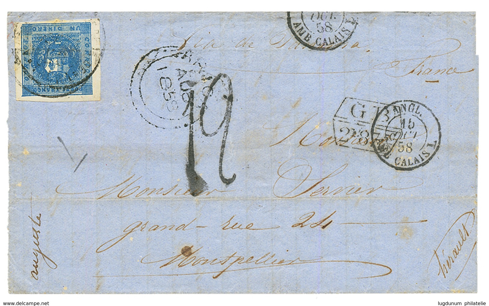 1858 PEROU 1D Bleu + ARICA + GB/2F87 + Taxe 12 Sur Lettre (texte Incomplet) Pour La FRANCE. TTB. - Poste Maritime