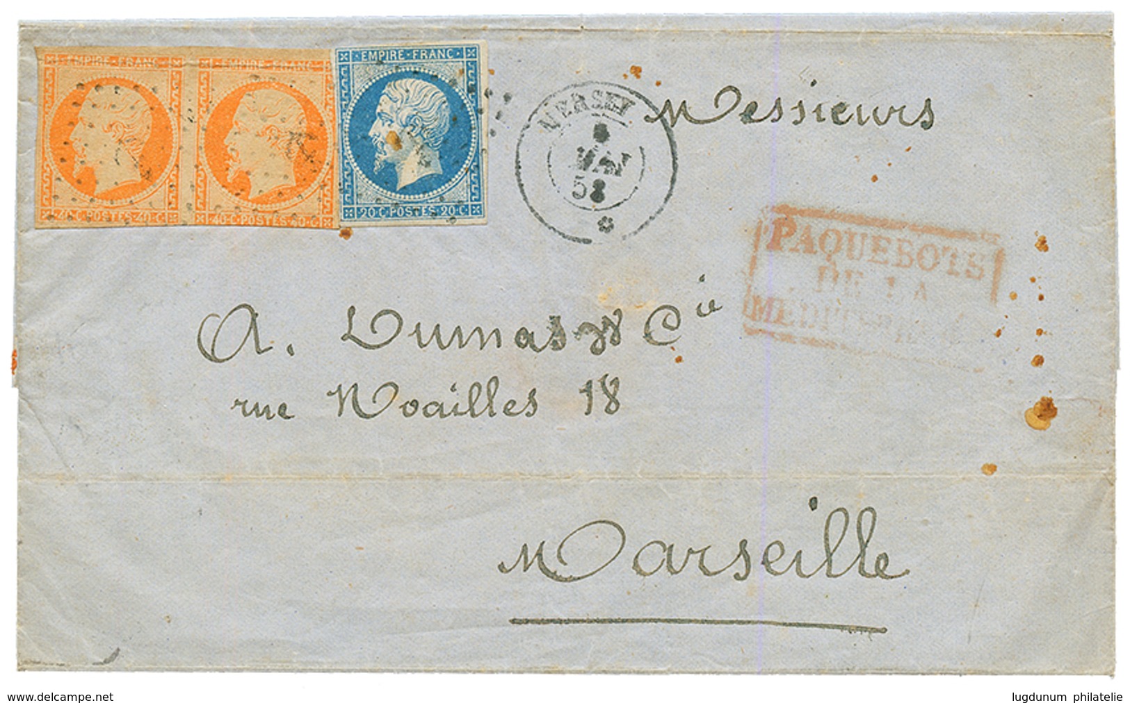 1858 20c(n°14) + Paire 40c(n°16) Pd Obl. ANCRE + Cachet Du Paquebot MERSEY Sur Lettre De CONSTANTINOPLE Pour MARSEILLE.  - Schiffspost