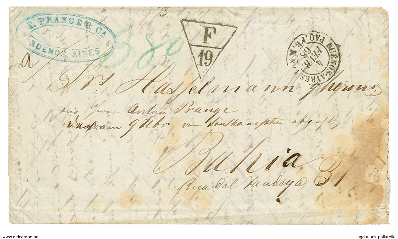 1868 Trés Rare Marque D' échange F/19 + BUENOS-AYRES PAQ FR K N°1 + Taxe "380" Sur Lettre(pd) De BUENOS-AIRES Pour BAHIA - Correo Marítimo
