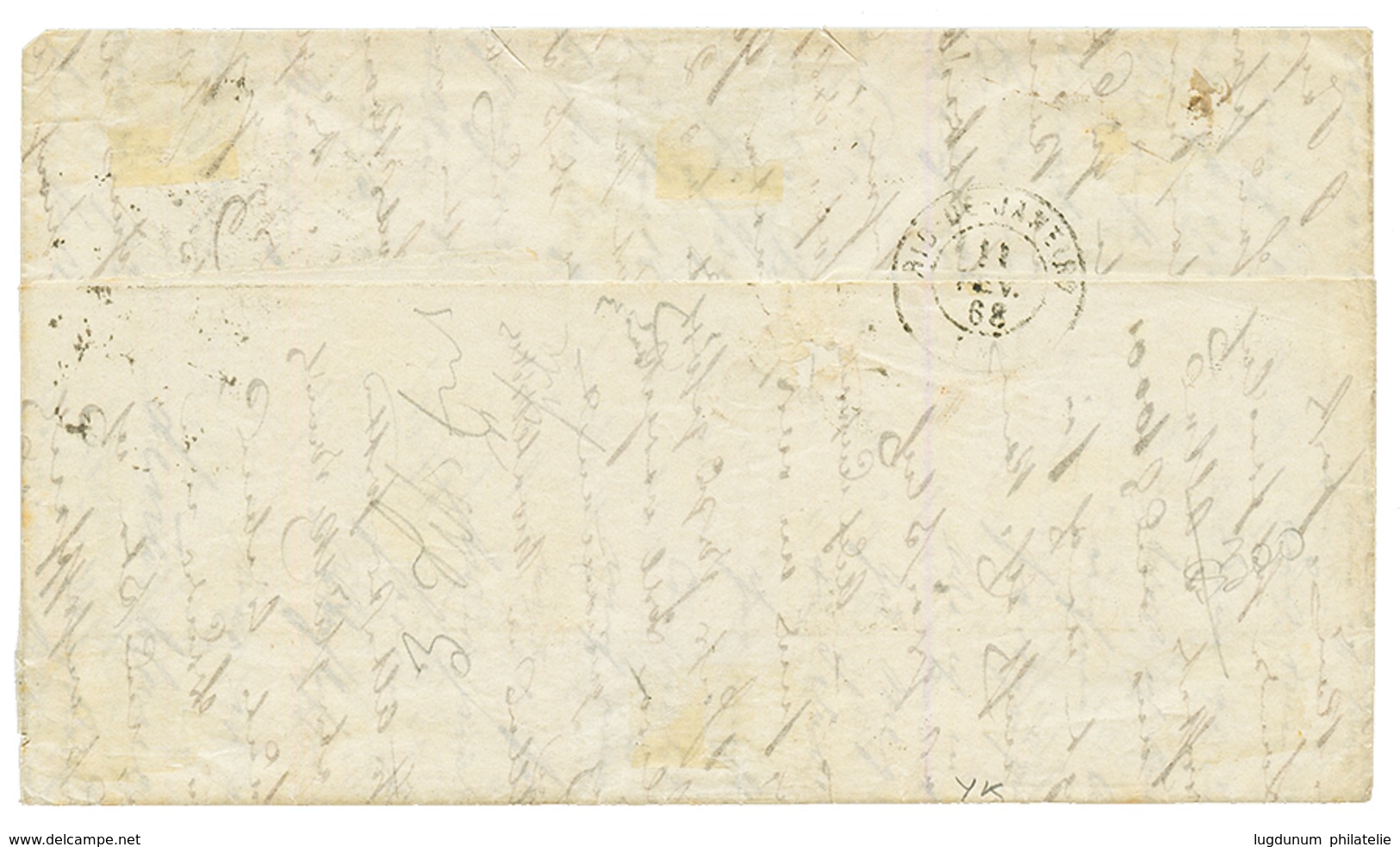 1868 Trés Rare Marque D' échange F/19 + BUENOS-AYRES PAQ FR K N°1 + Taxe "380" Sur Lettre(pd) De BUENOS-AIRES Pour BAHIA - Correo Marítimo